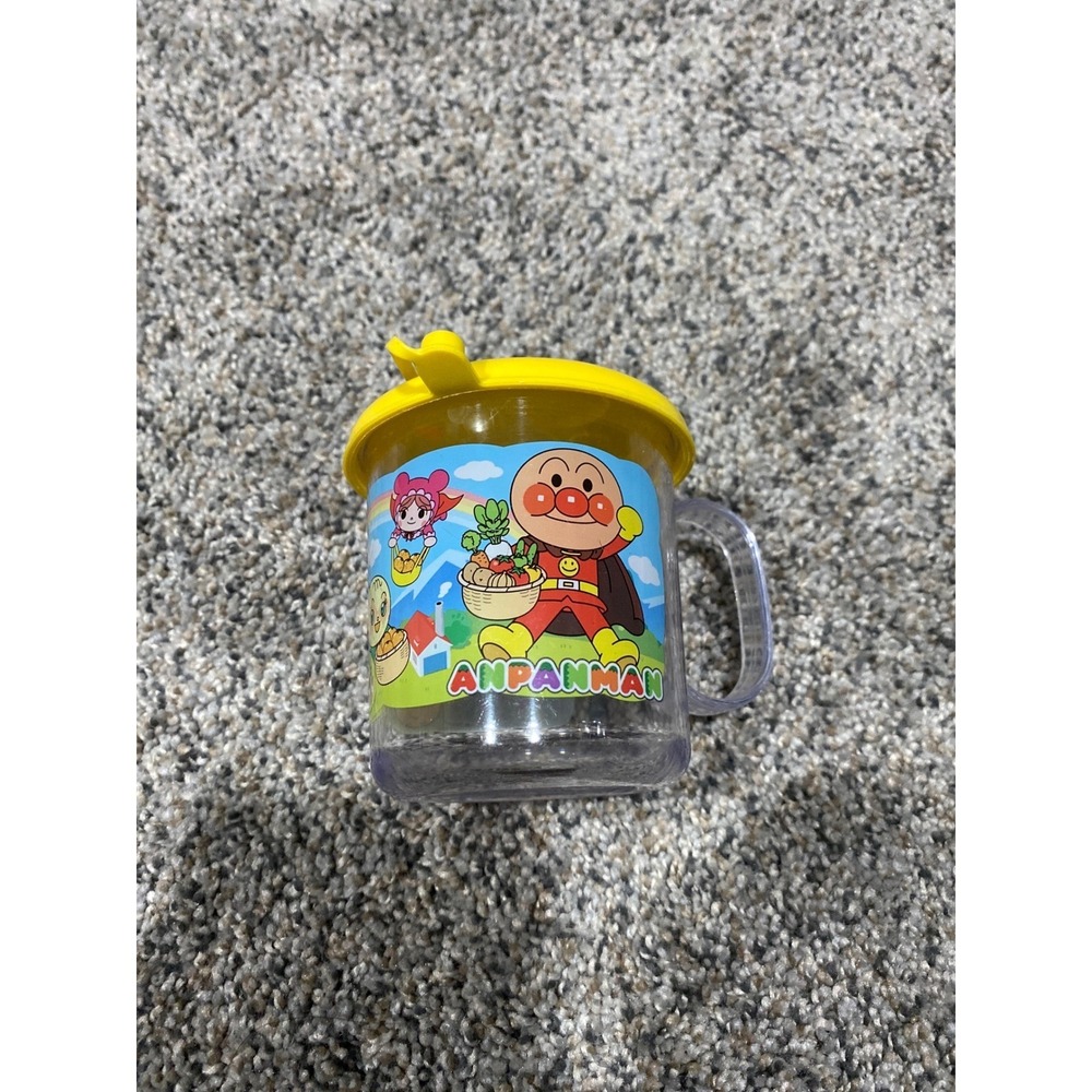 Anpanman 250ml Plastic Cup with Lid Yellow Kids Handled Mug Bandai 2012 Anime